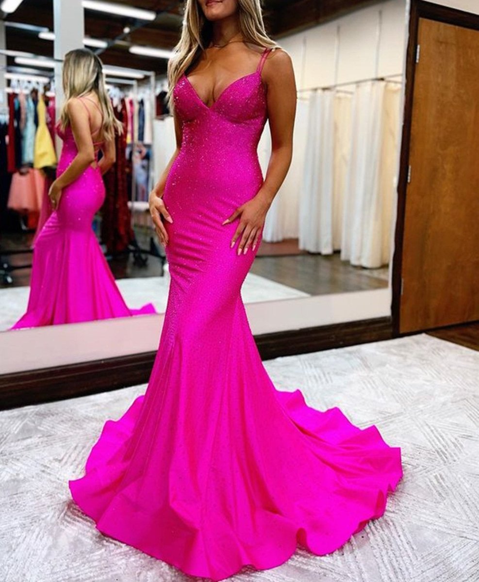 Sparkly Mermaid Spaghetti Straps Beaded Satin Long Prom Dress