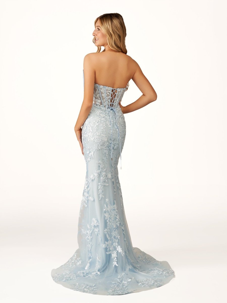 Strapless Mermaid Lace Appliques Long Prom Dress with Bow