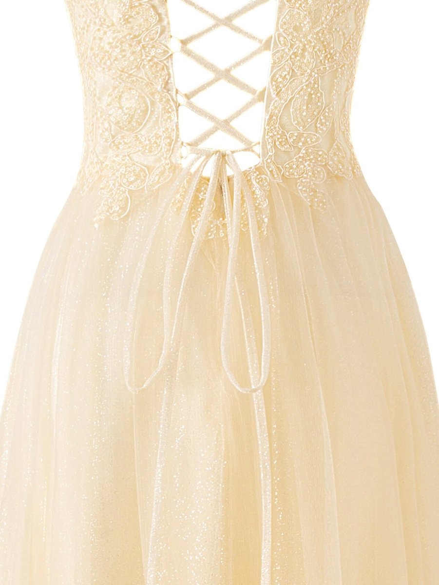 Yellow A-line Floor Length Glitter Tulle Prom Dress