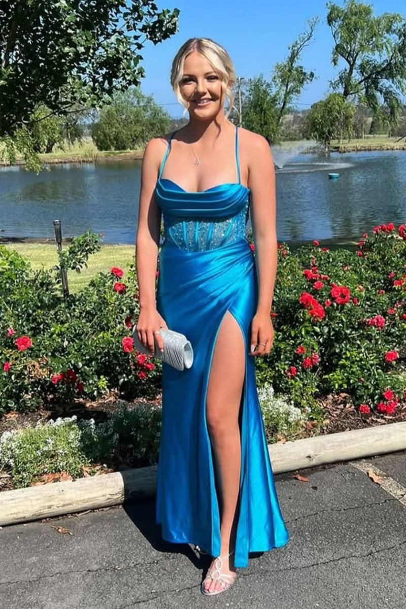 Sage Spaghetti Straps Satin Mermaid Long Prom Dress with Slit