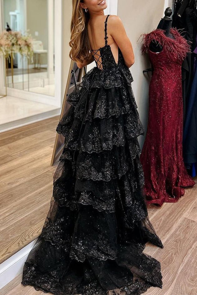 Straps Fuchsia Sequin Layered Formal Dress with Slit