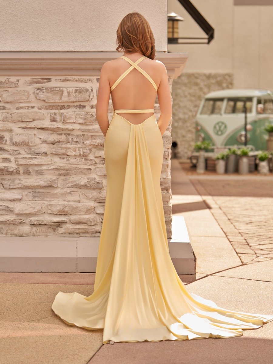 Yellow Mermaid Halter Satin Prom Dresses With Tail Evening Dress