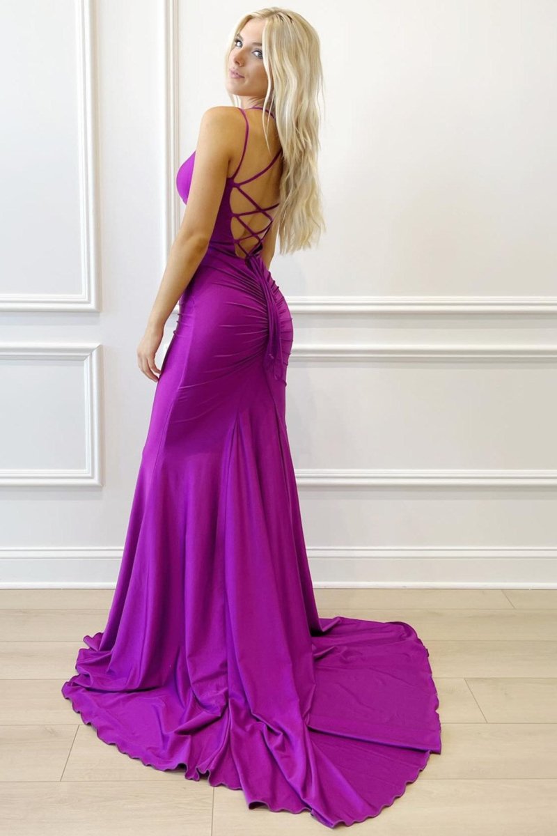 Purple Spaghetti Straps Lace-Up Mermaid Long Formal Dress