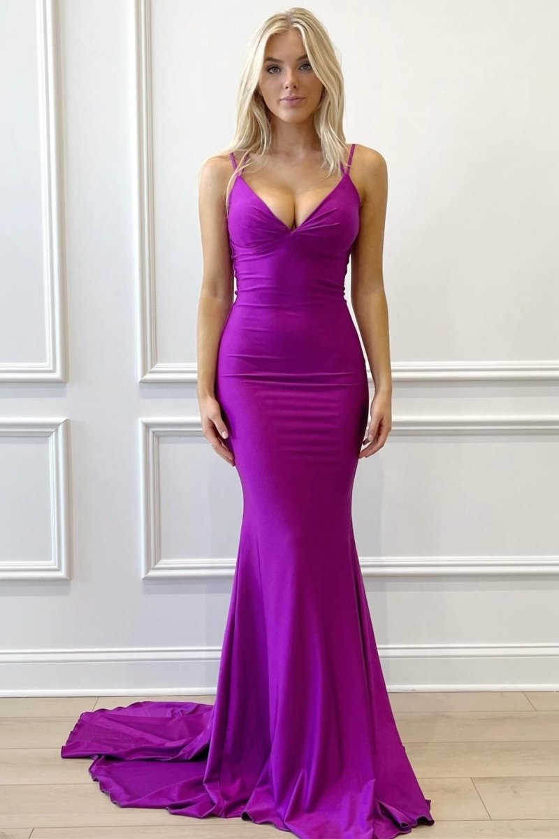 Purple Spaghetti Straps Lace-Up Mermaid Long Formal Dress