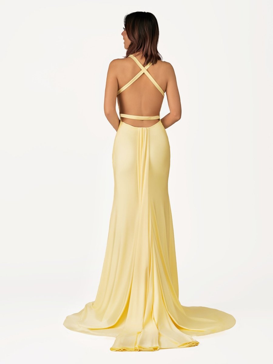 Yellow Mermaid Halter Satin Prom Dresses With Tail Evening Dress