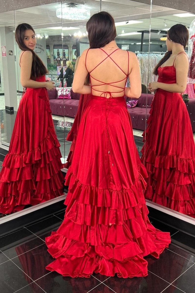Spaghetti Straps A Line Lace-Up Ruffle Tiered Red Prom Dress with Slit