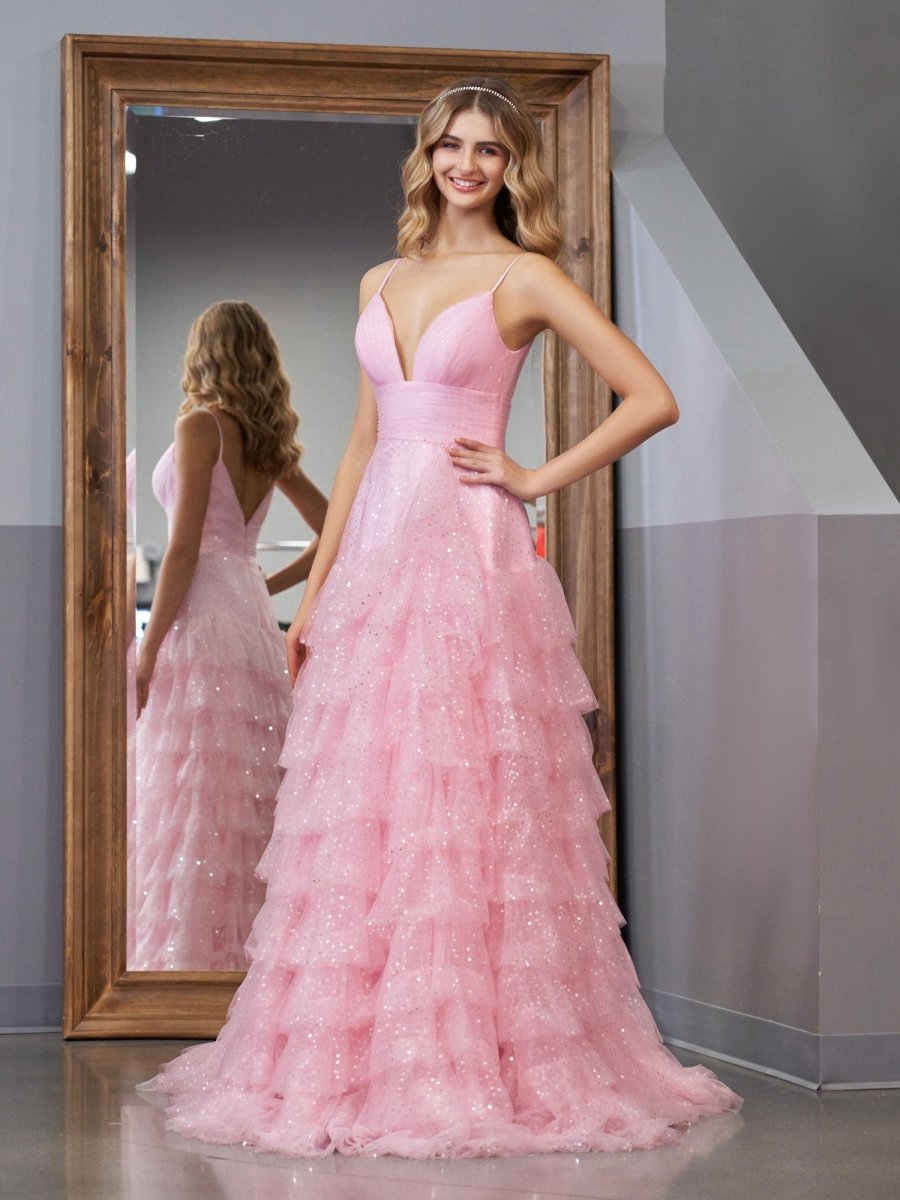 Light Pink A-Line Tiered Spaghetti Straps Tulle Prom Dress