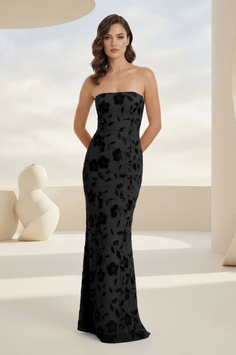 Blue Strapless Sheath Floral Sequins Long Formal Prom Dresses