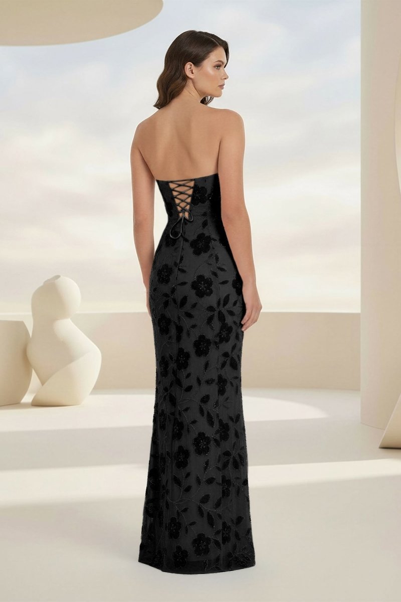 Blue Strapless Sheath Floral Sequins Long Formal Prom Dresses