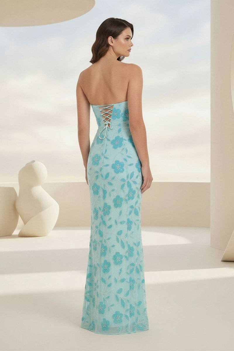 Blue Strapless Sheath Floral Sequins Long Formal Prom Dresses