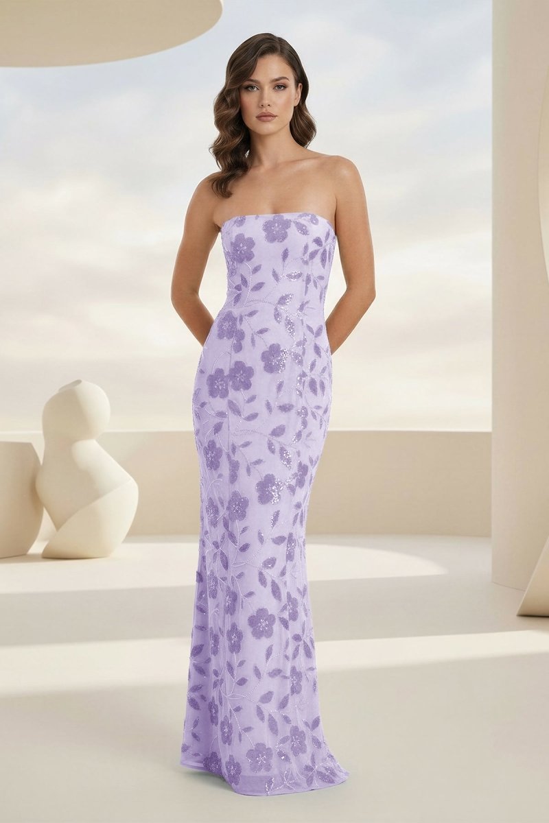 Blue Strapless Sheath Floral Sequins Long Formal Prom Dresses
