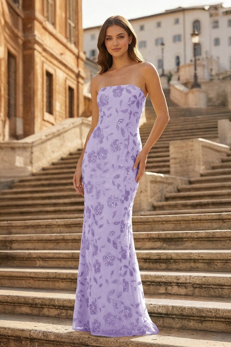 Blue Strapless Sheath Floral Sequins Long Formal Prom Dresses