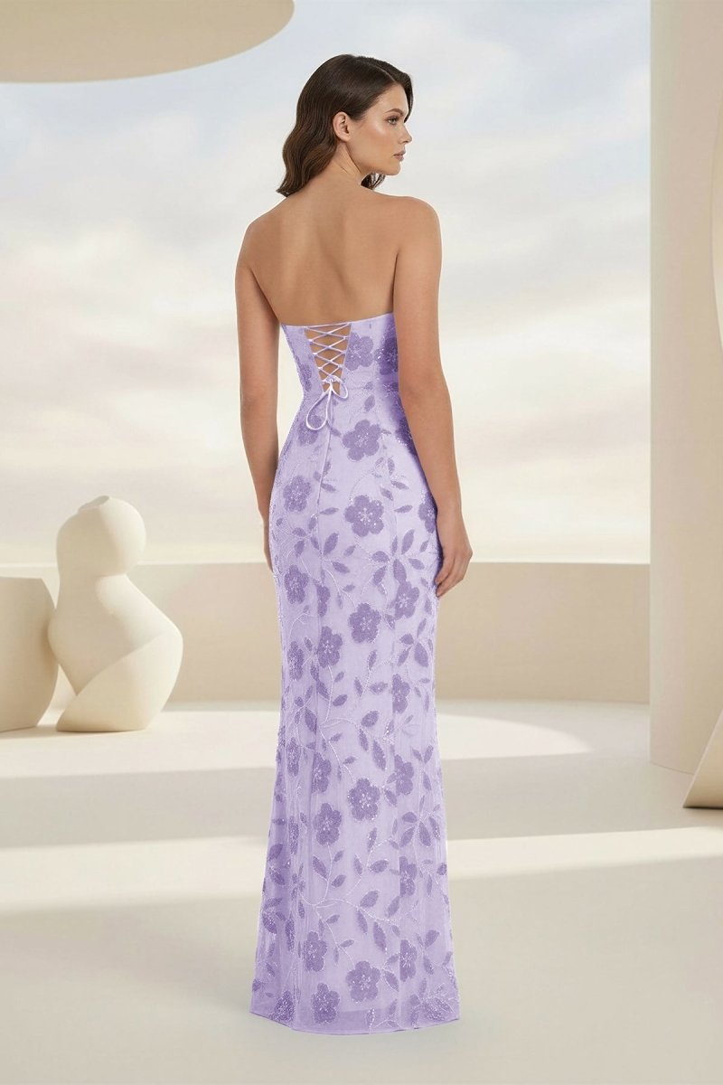 Blue Strapless Sheath Floral Sequins Long Formal Prom Dresses