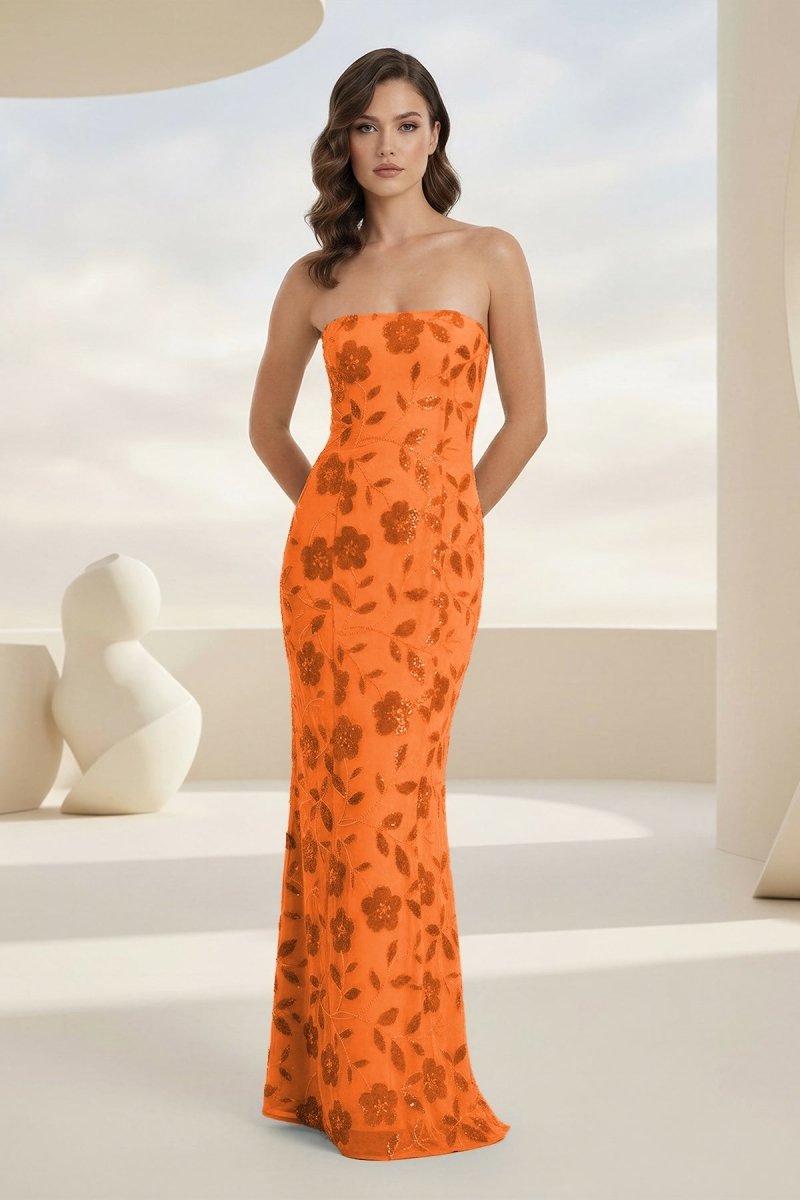 Blue Strapless Sheath Floral Sequins Long Formal Prom Dresses