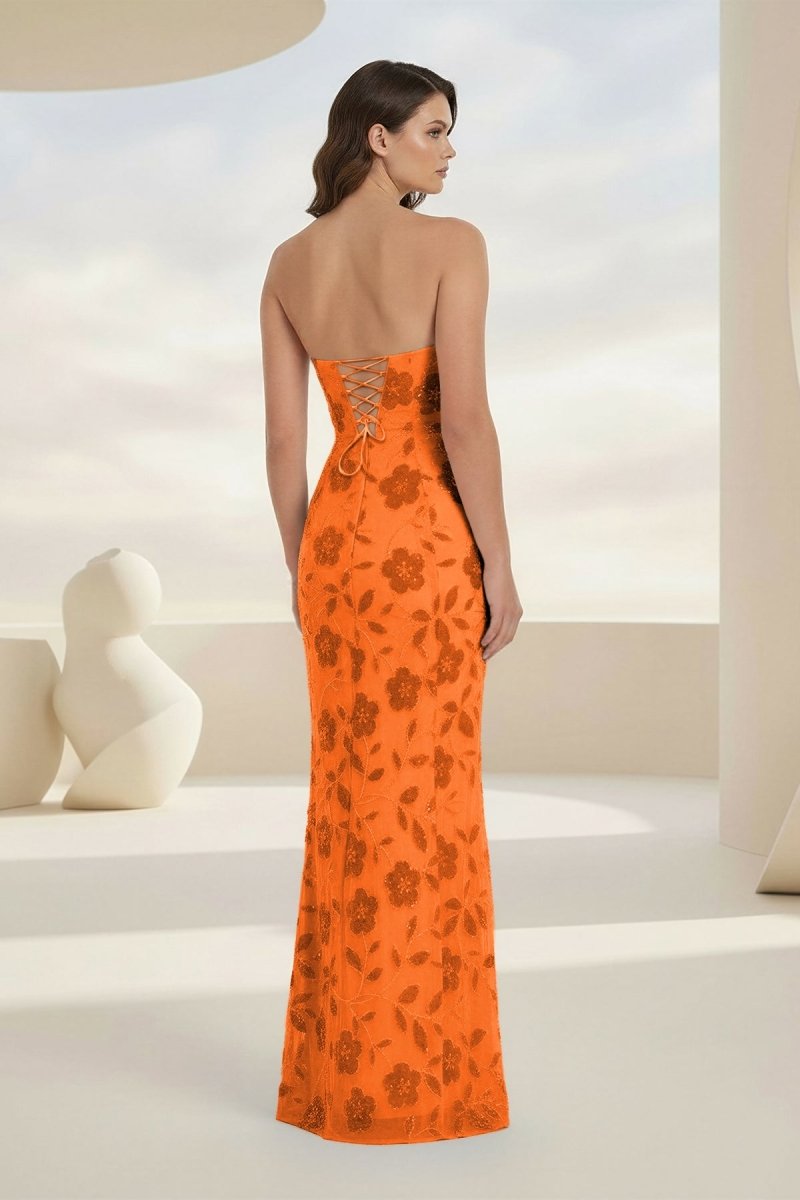 Blue Strapless Sheath Floral Sequins Long Formal Prom Dresses