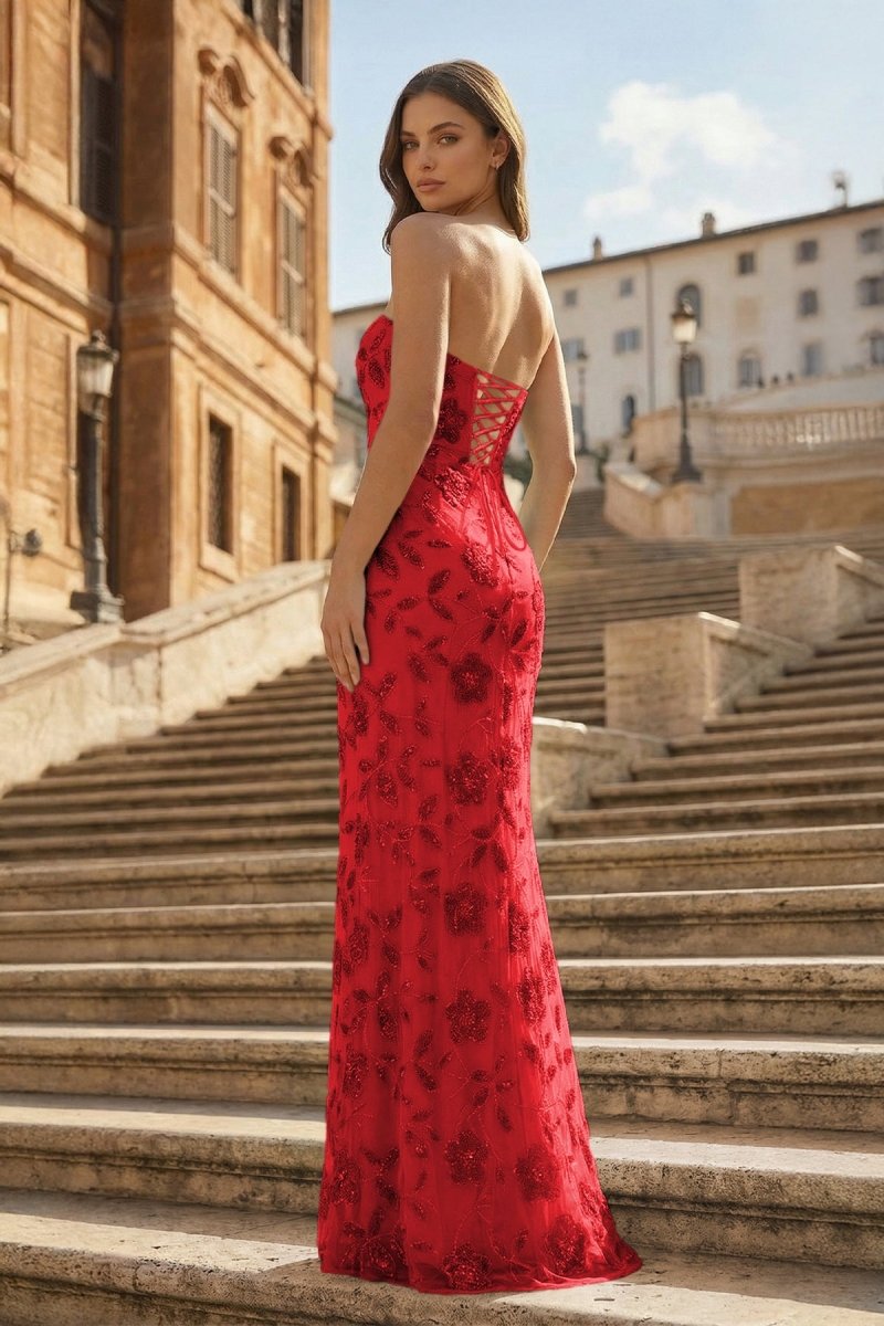 Blue Strapless Sheath Floral Sequins Long Formal Prom Dresses