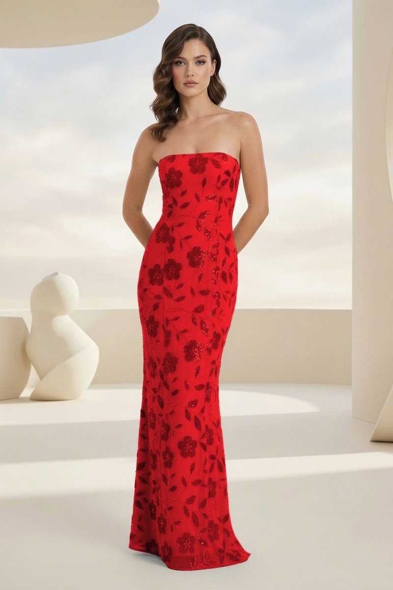Blue Strapless Sheath Floral Sequins Long Formal Prom Dresses