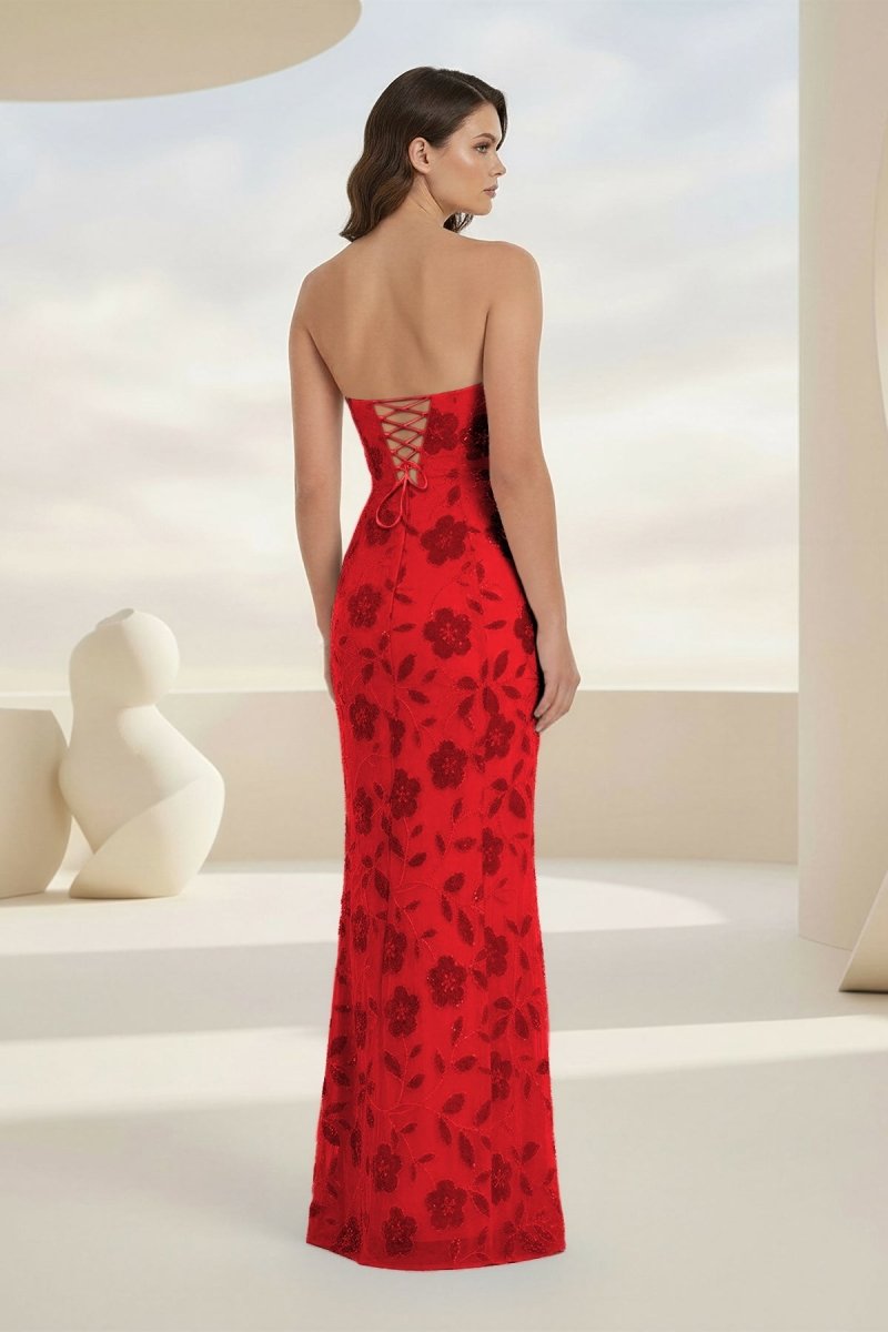 Blue Strapless Sheath Floral Sequins Long Formal Prom Dresses