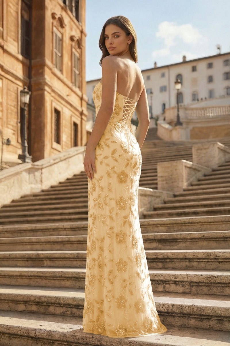 Blue Strapless Sheath Floral Sequins Long Formal Prom Dresses