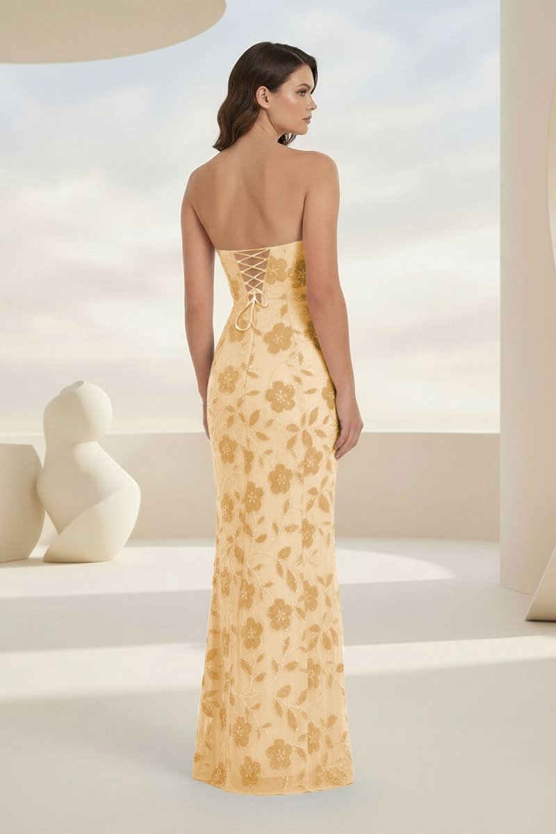 Blue Strapless Sheath Floral Sequins Long Formal Prom Dresses