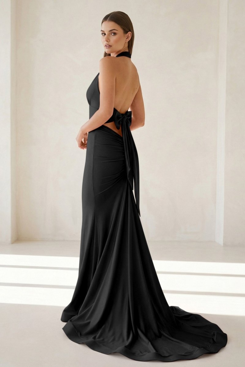 Pink Halter Mermaid Satin Open Back Formal Prom Dresses With Bow