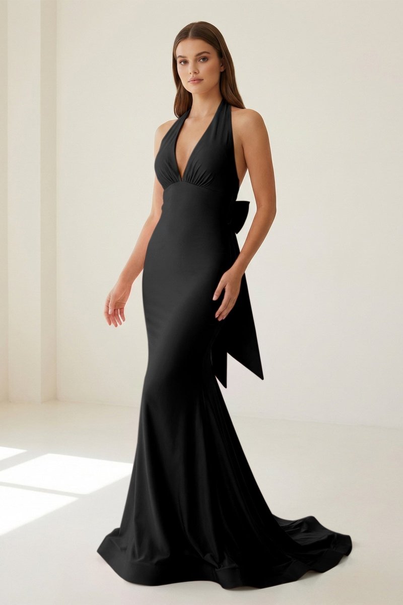 Pink Halter Mermaid Satin Open Back Formal Prom Dresses With Bow