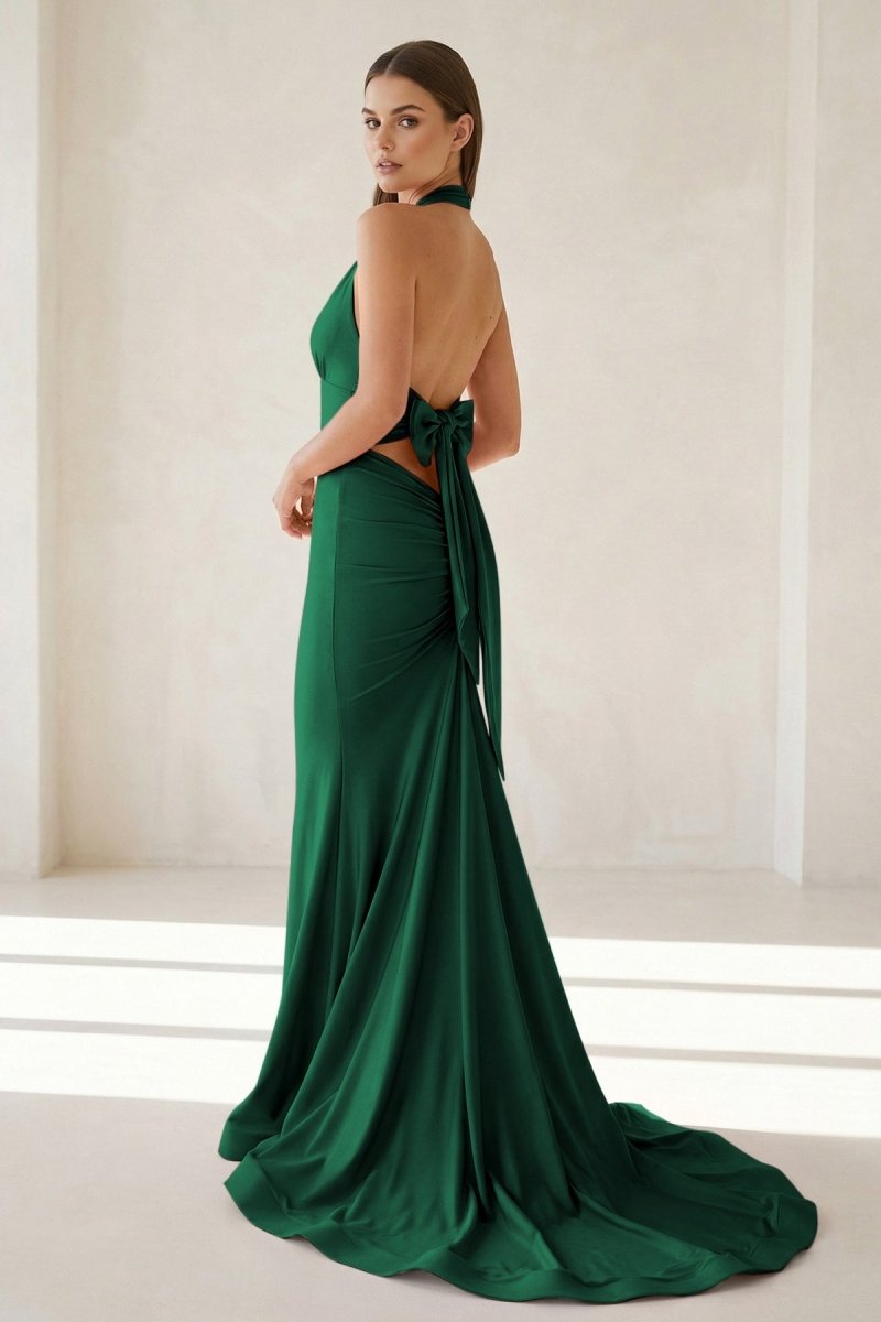 Pink Halter Mermaid Satin Open Back Formal Prom Dresses With Bow