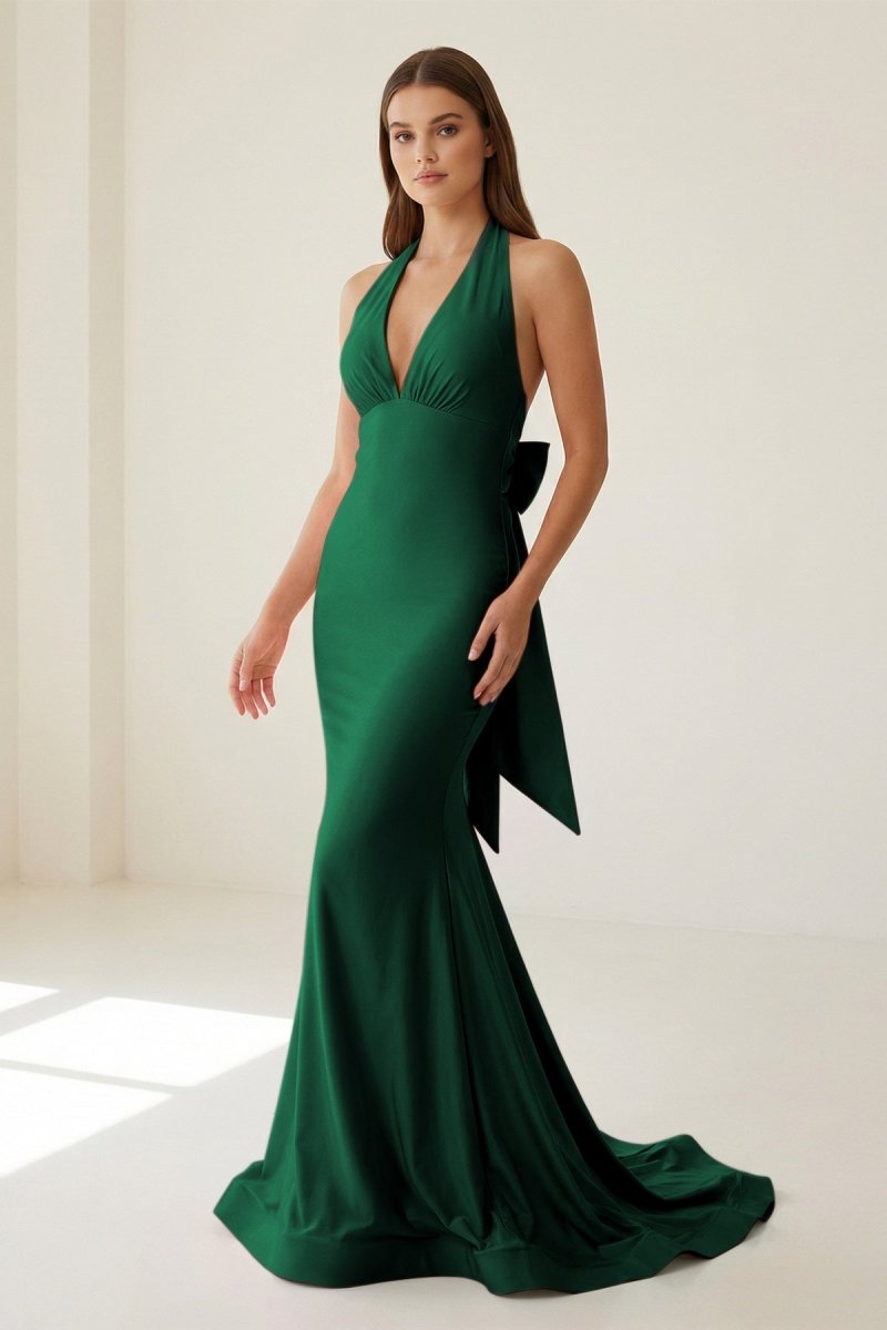 Pink Halter Mermaid Satin Open Back Formal Prom Dresses With Bow