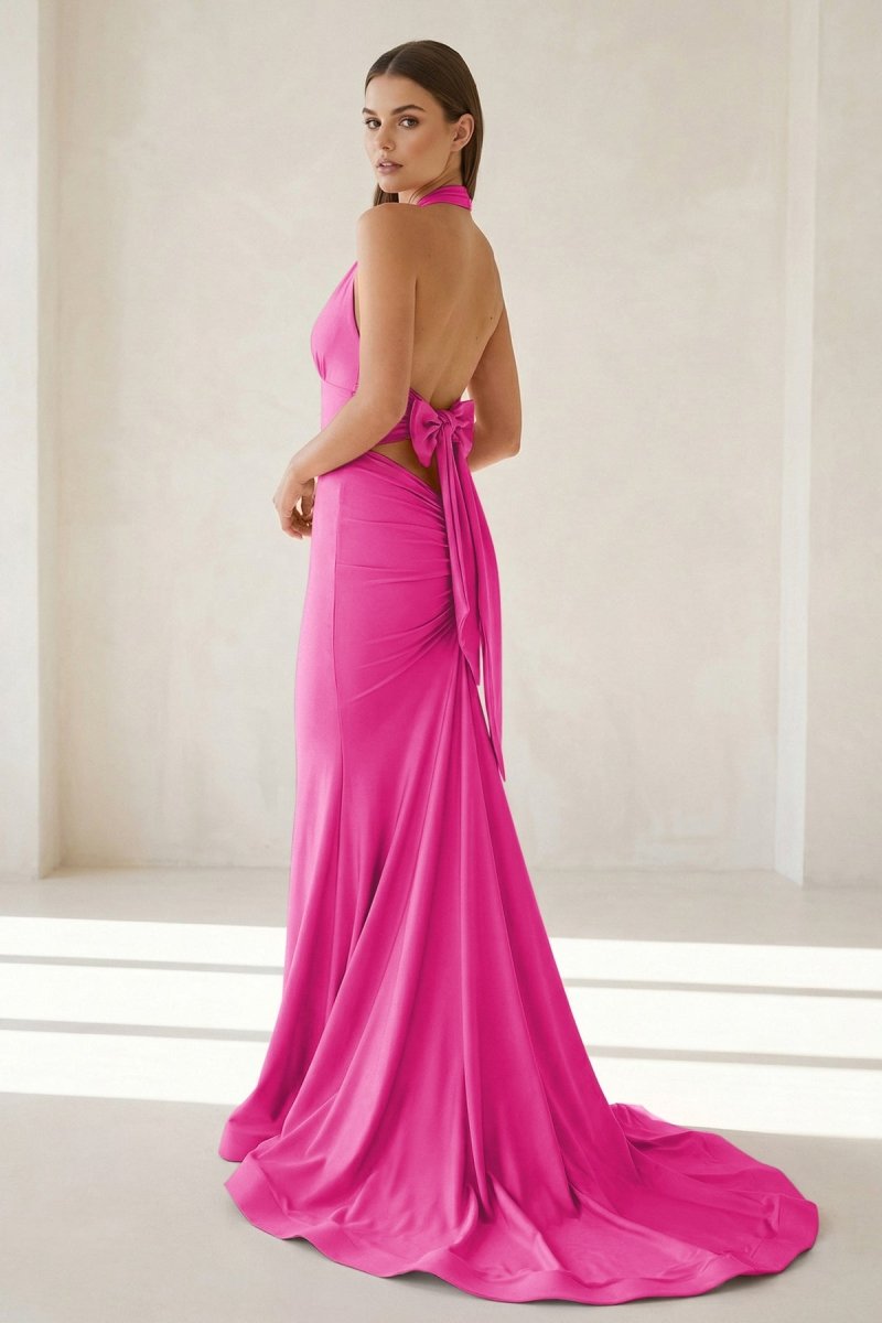 Pink Halter Mermaid Satin Open Back Formal Prom Dresses With Bow