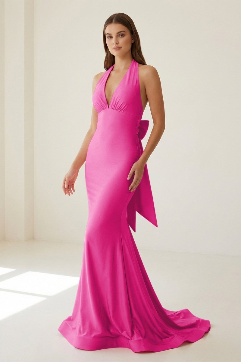 Pink Halter Mermaid Satin Open Back Formal Prom Dresses With Bow