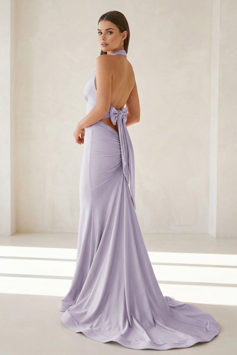 Pink Halter Mermaid Satin Open Back Formal Prom Dresses With Bow