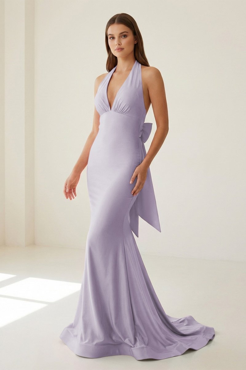 Pink Halter Mermaid Satin Open Back Formal Prom Dresses With Bow