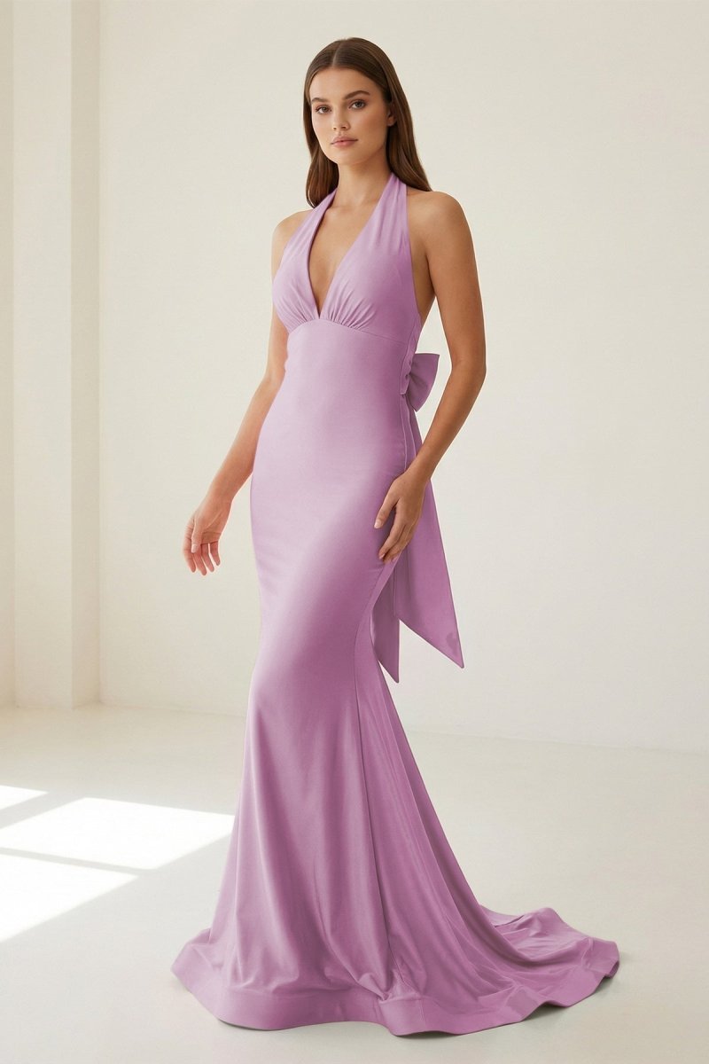 Pink Halter Mermaid Satin Open Back Formal Prom Dresses With Bow