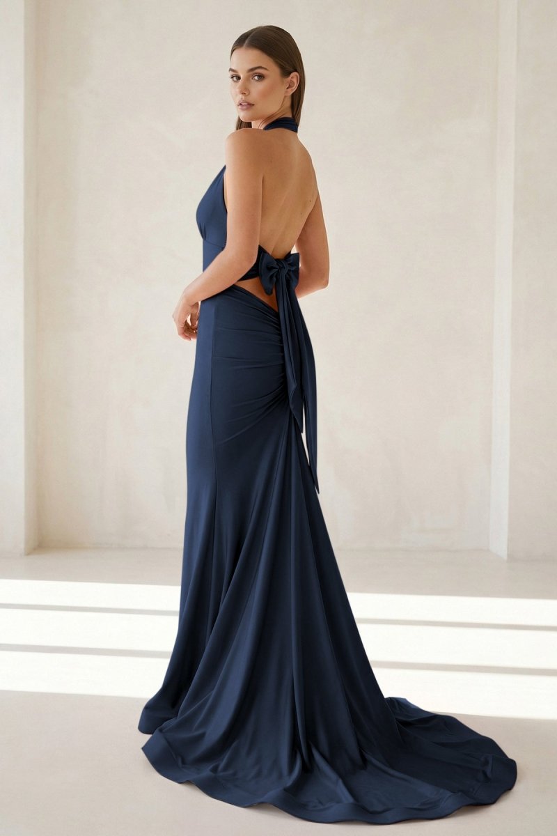 Pink Halter Mermaid Satin Open Back Formal Prom Dresses With Bow
