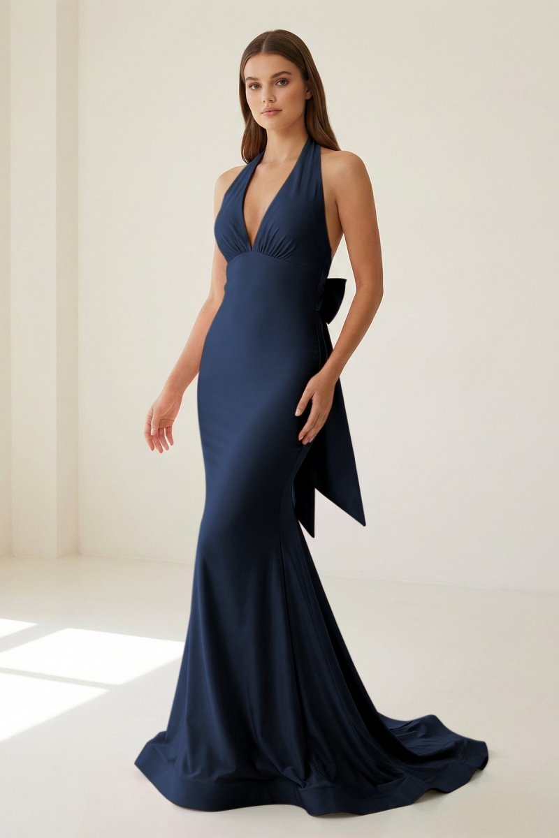 Pink Halter Mermaid Satin Open Back Formal Prom Dresses With Bow