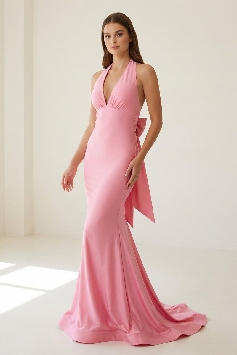 Pink Halter Mermaid Satin Open Back Formal Prom Dresses With Bow