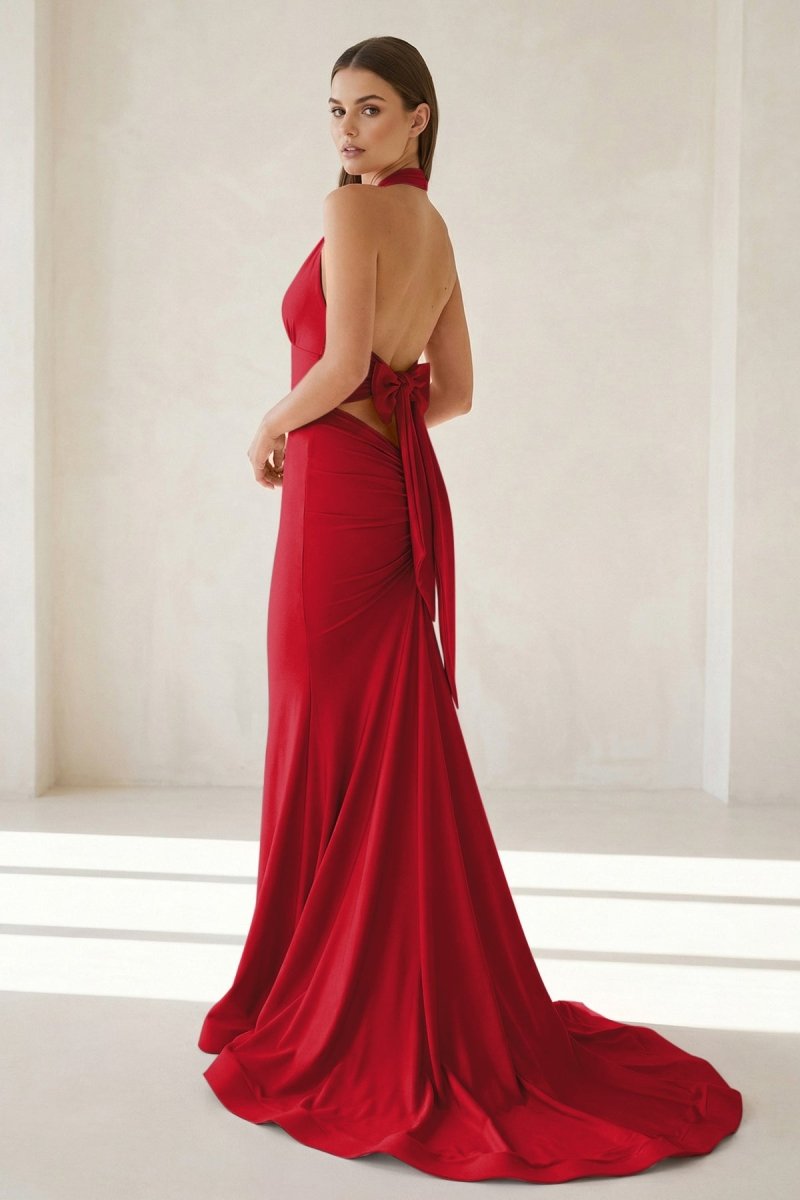 Pink Halter Mermaid Satin Open Back Formal Prom Dresses With Bow
