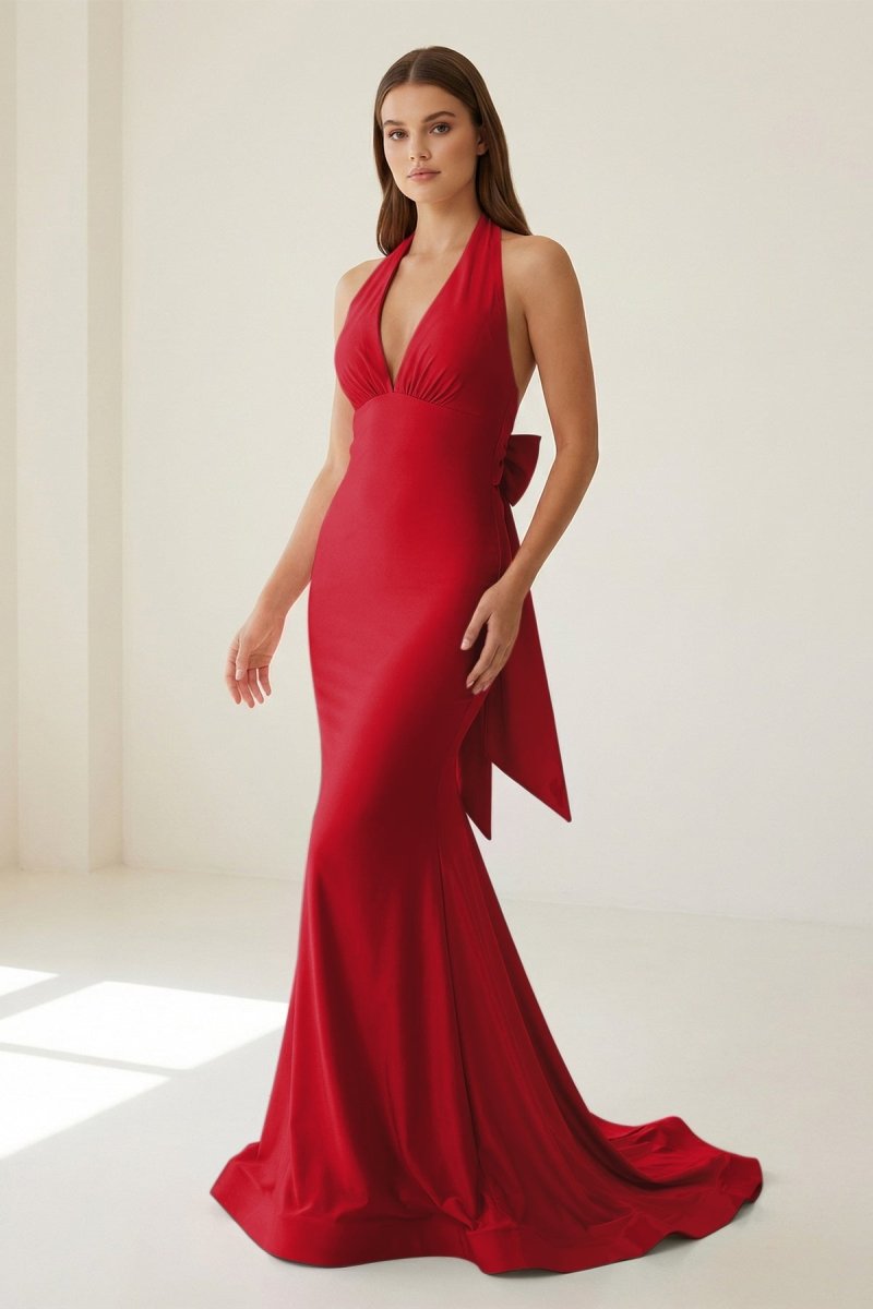 Pink Halter Mermaid Satin Open Back Formal Prom Dresses With Bow