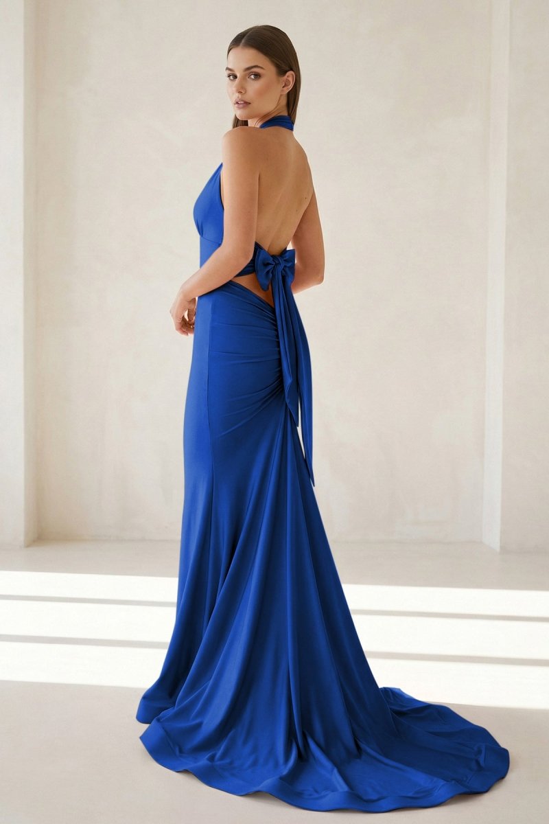 Pink Halter Mermaid Satin Open Back Formal Prom Dresses With Bow