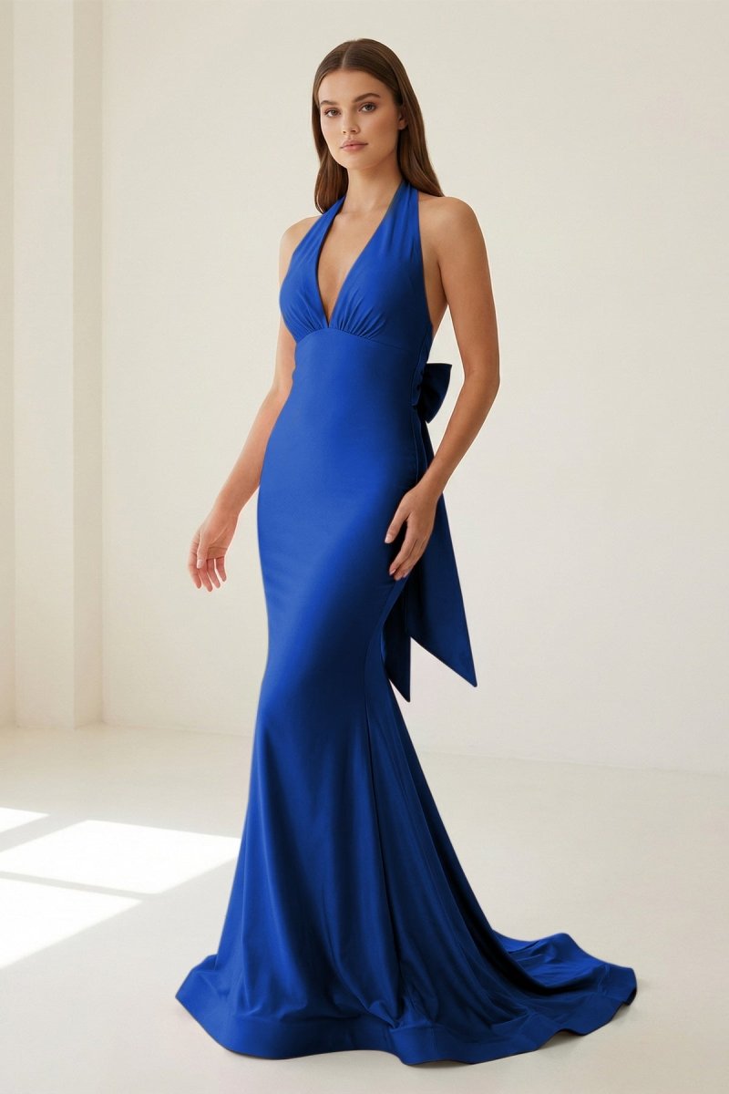 Pink Halter Mermaid Satin Open Back Formal Prom Dresses With Bow