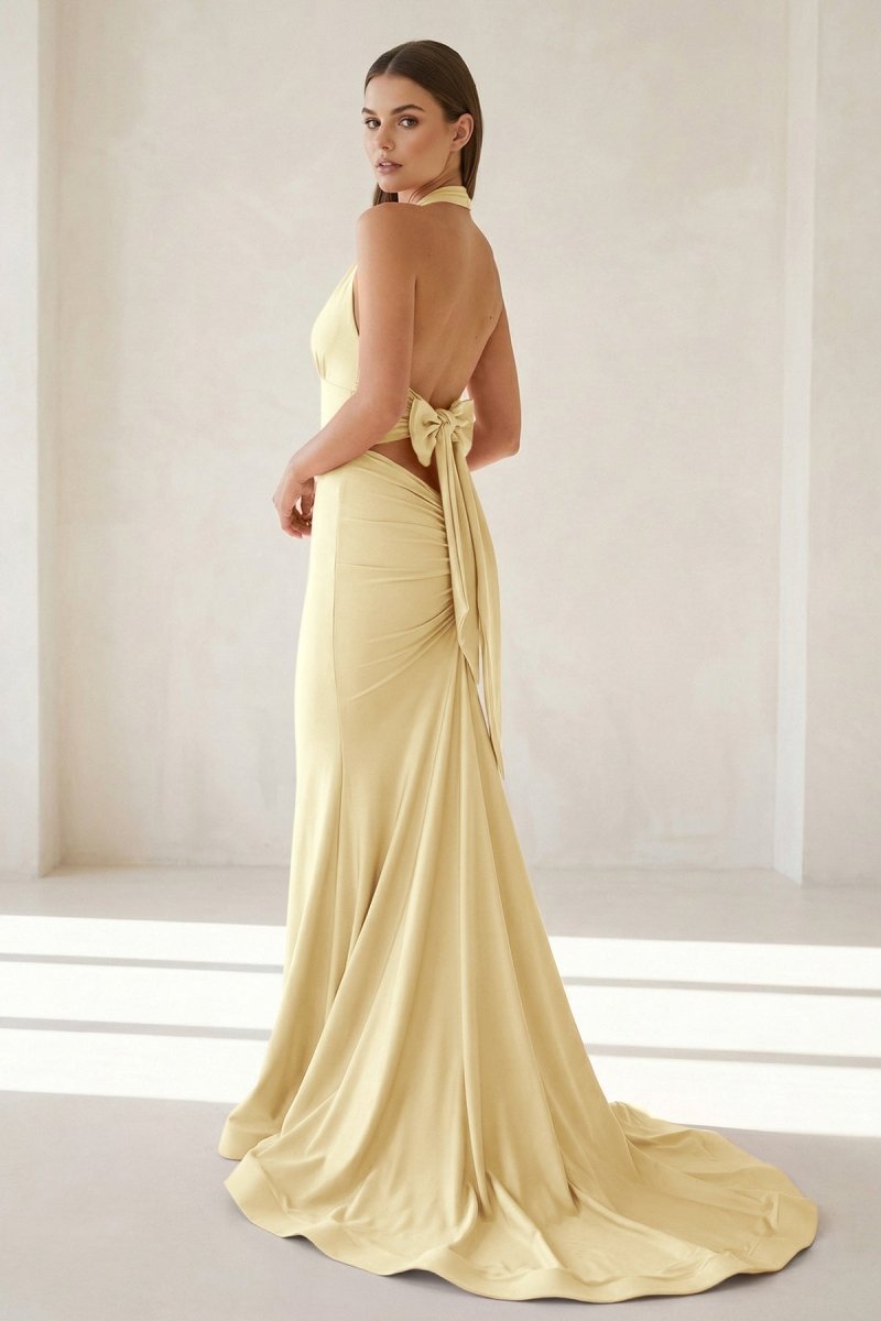 Pink Halter Mermaid Satin Open Back Formal Prom Dresses With Bow