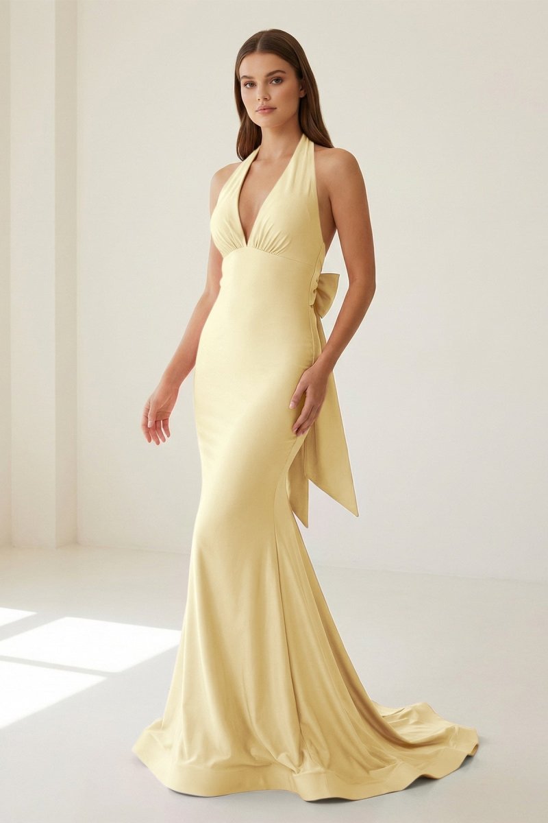 Pink Halter Mermaid Satin Open Back Formal Prom Dresses With Bow