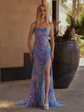 Blue Spaghetti Straps Mermaid Sequins Long Prom Dresses with Beading