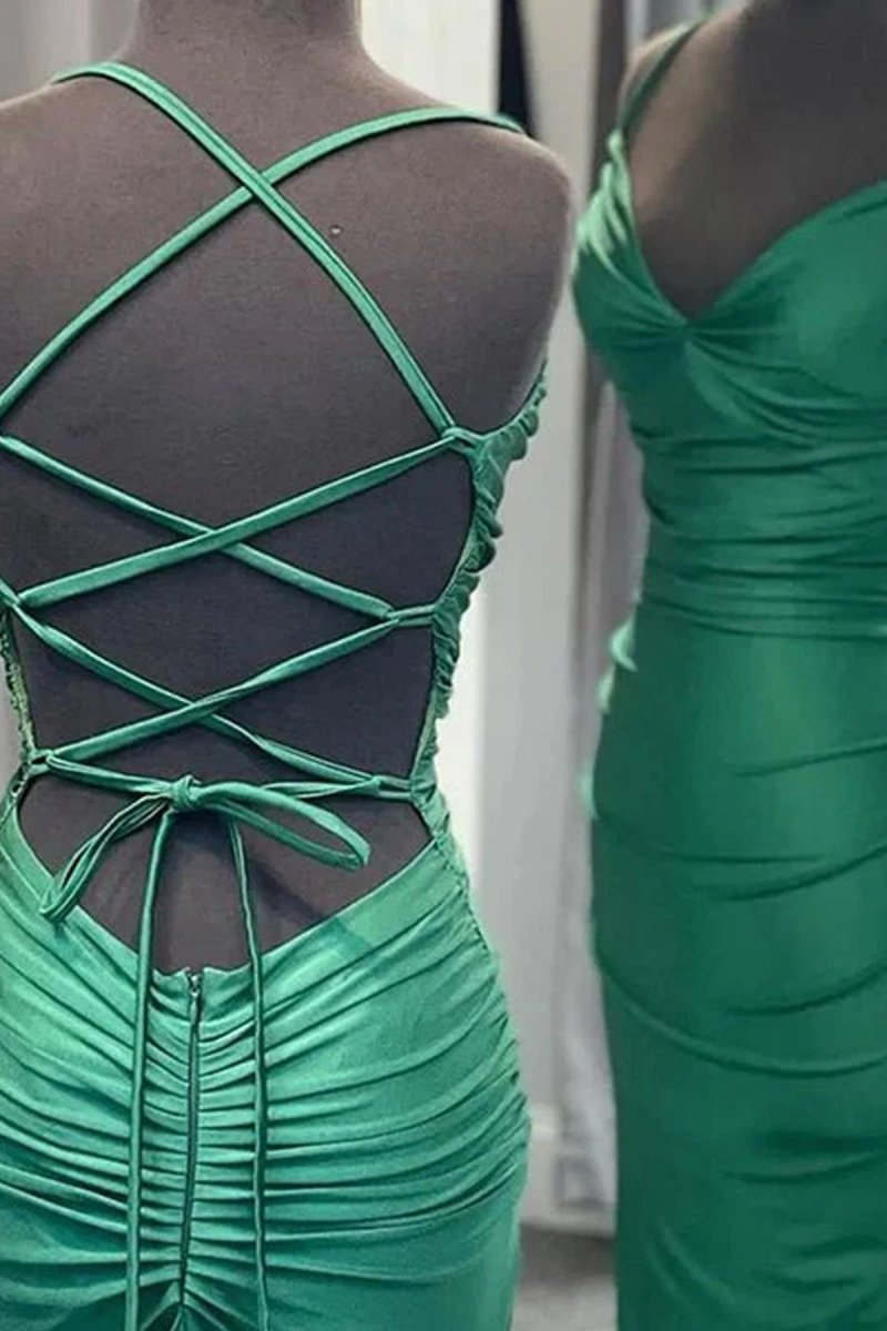 Mermaid Spaghetti Straps Blue Satin Long Prom Dress with Criss Cross Back
