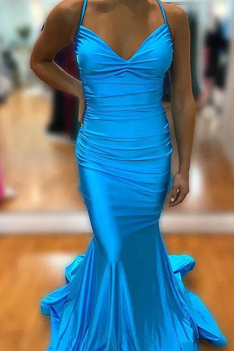 Mermaid Spaghetti Straps Blue Satin Long Prom Dress with Criss Cross Back