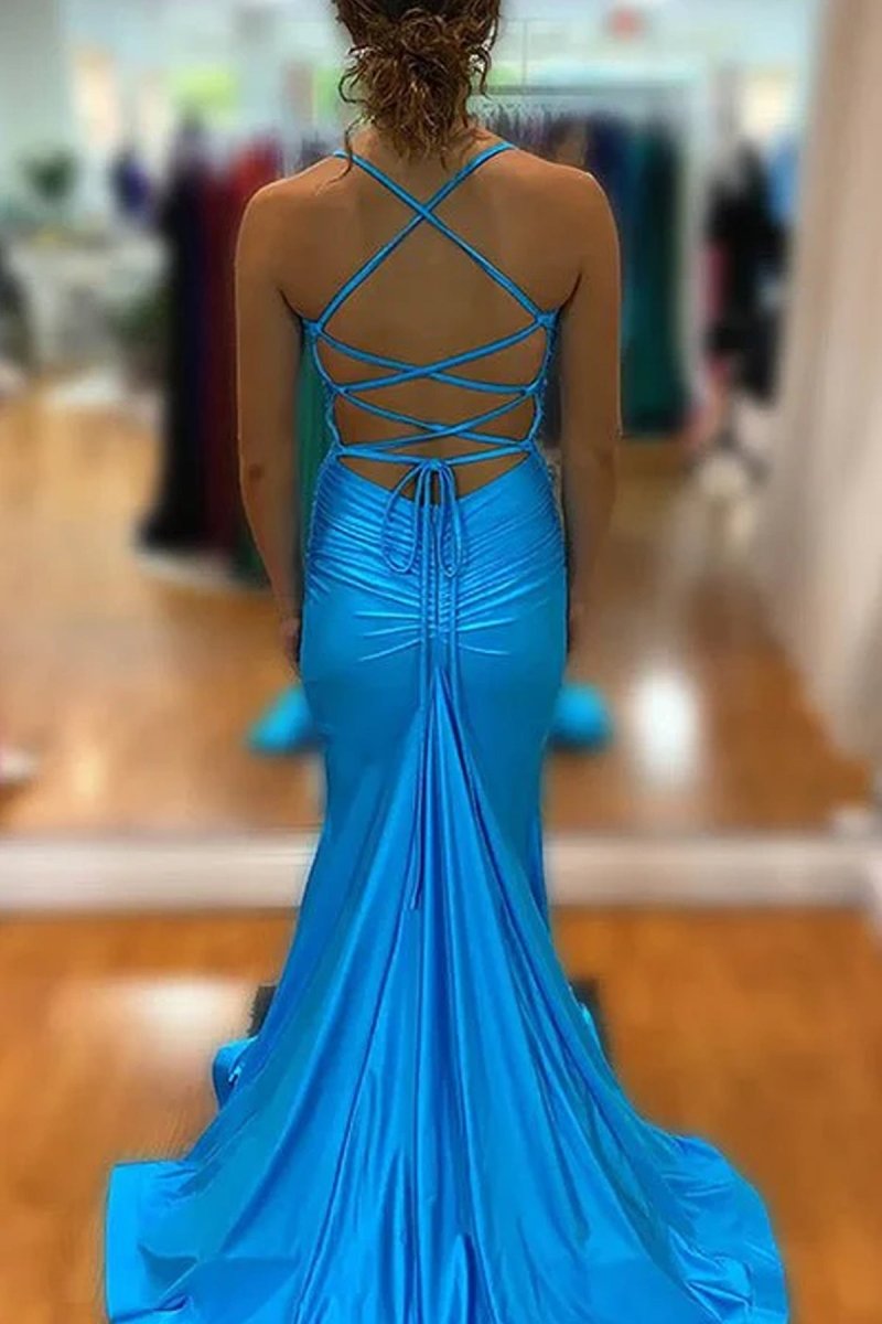 Mermaid Spaghetti Straps Blue Satin Long Prom Dress with Criss Cross Back