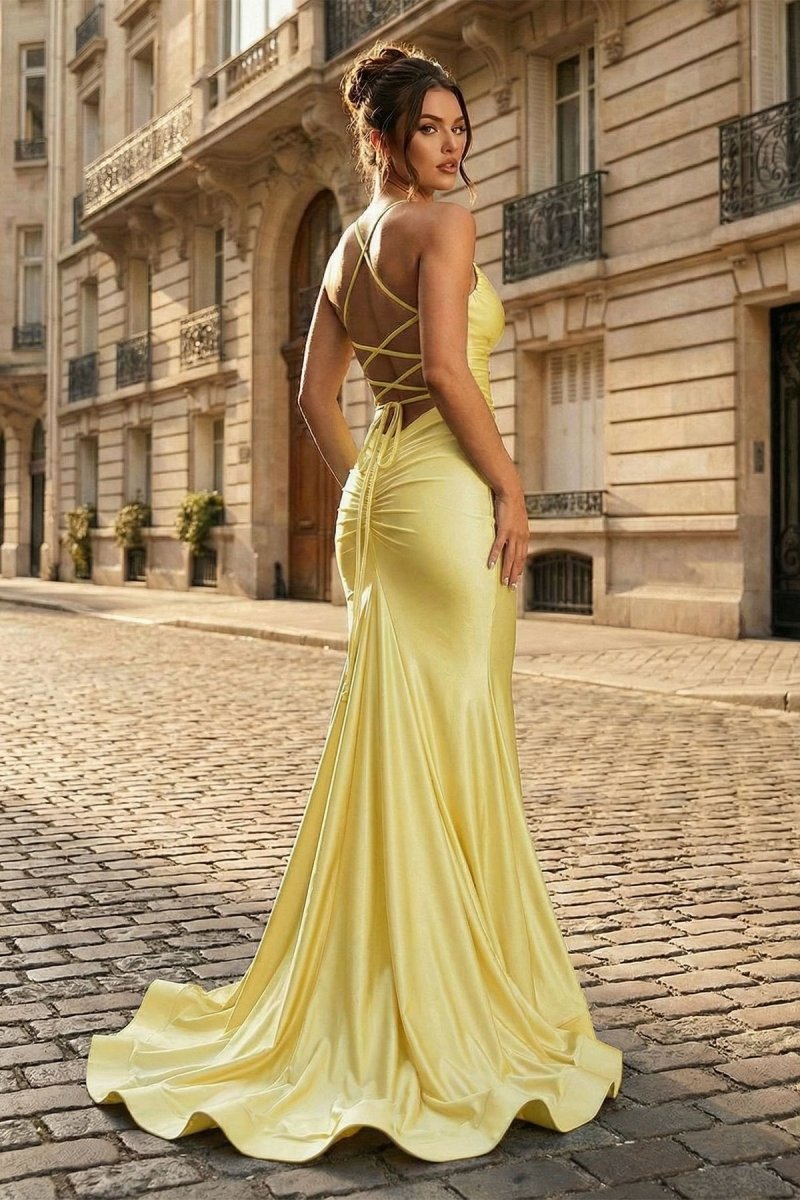 Mermaid Spaghetti Straps Blue Satin Long Prom Dress with Criss Cross Back
