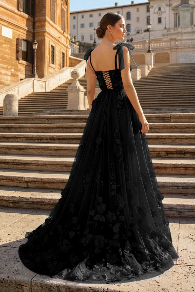Scarlet Tulle A-line 3D Flower Long Prom Dress With Slit