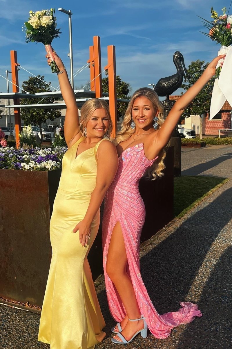 Yellow Mermaid Satin V Neck Long Prom Party Dress