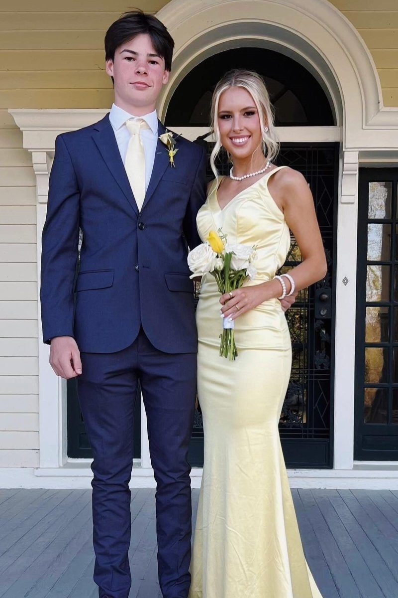 Yellow Mermaid Satin V Neck Long Prom Party Dress
